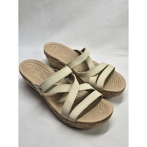 Crocs A Leigh Beige Leather Cork Wedge Heel Strappy Size 7
